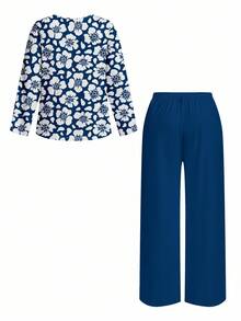 Glamance Whitebread 2pcs/Set Plus Size Women Loose Round Neck T-Shirt And Straight Leg Pants, Autumn Blouse And Pants Set Matching Women Sets Blue And White Outfit Women Blue 2 Pieces Set Women Modest Two Pieces Set - Multicolor - View 10