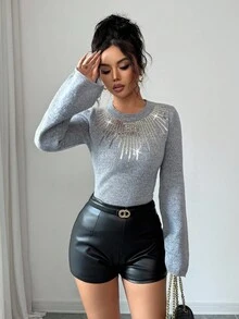 Franclia Suéter casual de mujer con mangas trompeta, cuello redondo, manga larga, con cuentas en el frente y lentejuelas en gris, elegante y estirado, adecuado para Halloween, Navidad, invitado de boda, viaje diario en otoño e invierno - Gris - Ver 6