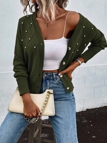SHEIN LUNE Cárdigan casual de manga larga con adornos de perlas, otoño/invierno - Verde militar - Ver 5