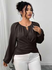 Elenzga Áo kiểu Raglan cổ khoét lỗ màu trơn tay đèn lồng cỡ lớn dành cho nữ xếp ly thời trang - Cà phê nâu - Xem 4