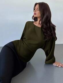 Firerie 女士新款优雅浪漫休闲都市通勤百搭圆领蝙蝠袖长袖衬衫，适合教师及秋季穿着 - 軍綠色 - 查看 7