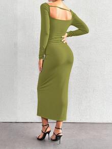 EURMUSE Cut Out Front Square Neck Bodycon Dress - Olive Green - View 2