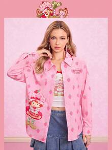 Strawberry Shortcake X SHEIN 女士休闲乡村风格可爱卡通人物和草莓印花宽松落肩长袖衬衫，春秋 - 粉色 - 查看 8