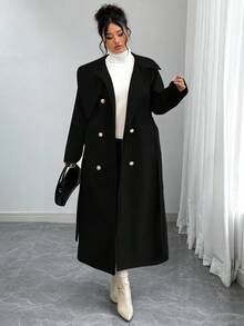 Elenzga Plus Size Women's Solid Color Tie Waist Double-Breasted Long Sleeve Elegant High-Quality Romantic Long Woolen Coat Long Coat Women Coats Winter Coat Women Coat Outerwear Women Trench Coat Women