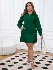 EMERY ROSE Đầm sơ mi thường ngày tay dài cài nút nửa xếp ly màu trơn cỡ lớn cho nữ - Màu xanh lá cây đậm - Xem 5