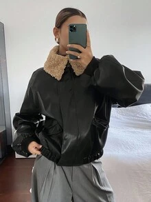 DAZY 女士宽松商务休闲 PU 皮夹克，仿毛领，色块，大口袋，时尚办公室、街头、户外穿着，秋冬 - 黑色 - 查看 6