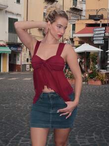 Turnttoni Women's Asymmetrical Hem Ruffle Mesh Camisole Vest, Summer - Burgundy - View 5