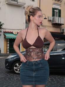 Turnttoni 女士夏季海滩度假节狂欢节音乐会女士海滩狂欢坏人上衣外出夏季上衣短款上衣狂欢上衣女士休闲简约露背上衣，适合夏季钩针音乐会上衣系带前上衣伊比沙岛 - 彩色 - 查看 4