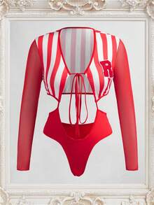 Fantasy Costume 1 bộ đồ liền thân dài tay in họa tiết sọc đen trắng gợi cảm - Đỏ và trắng - Xem 5