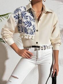 ZIRRA Women's Fall Holiday Plant Print Dropped Shoulder Long Sleeve Tassel Loose Shirt