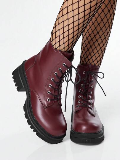 Sugerpunk Women's Dark Punk Goth Lace-Up Side Zipper Motorcycle Boots, Street Knight Leather Ankle Boots And Short Boots