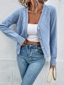 EMERY ROSE Cárdigan casual de manga larga para mujer con decoración de perlas falsas, otoño