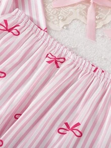 两件套少女优雅格子缎面开衫和裤子休闲舒适睡衣套装，带蝴蝶结 - 彩色 - 查看 5