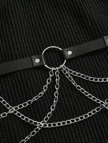 ROMWE Goth Vestido de suéter gótico retro de talla grande para mujer con cuello volante, hombros descubiertos, mangas con volantes, correa de cuero y cadena metálica en la cintura, vestido de suéter negro de otoño/invierno, vestido de suéter vintage negro de moda para mujer - Negro - Ver 2