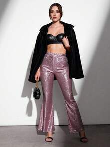 EURMUSE Women's Shiny Disco Flared Pants - Pink - View 5