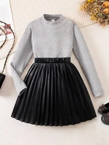 Elladie kids 2件套青少年女孩灰色纹理长袖上衣和仿皮裙 - 彩色 - 查看 1