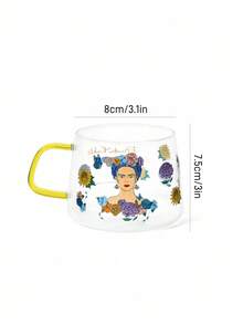 Frida Kahlo X SHEIN 1 Pc Floral & Figure Graphic Glass Cup, Heat-Resistant, Dishwasher Friendly, Suitable For Tea, Coffee, Juice And Other Beverages,Summer Outfits, Spring Outfits,Beach, Vacation, Flower