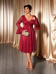 Cravure Plus Size Women Elegant Lace A-Line Long Sleeve Dress, Autumn/Winter