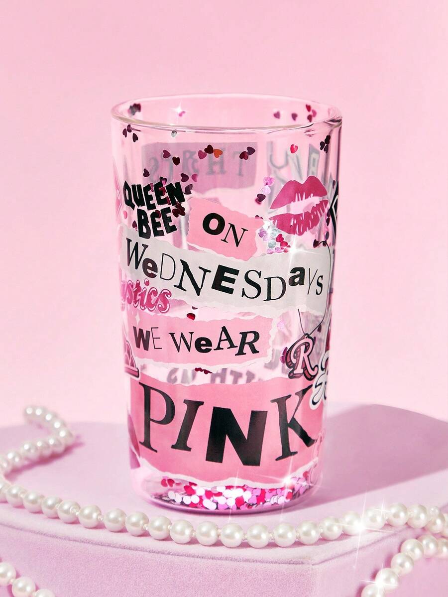 Mean Girls | SHEIN 1 chiếc cốc thủy tinh borosilicate hai lớp in chữ 11,83oz/350ml, chịu nhiệt, thích hợp đựng sữa, nước ép, cà phê, v.v., "Thật tuyệt vời", "Vào thứ Tư, chúng tôi mặc đồ hồng" - Trong sáng - Xem 1