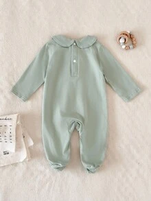 SHEIN 新生儿纯白色简约优雅长袖全长连体裤家居服 - 綠色 - 查看 2