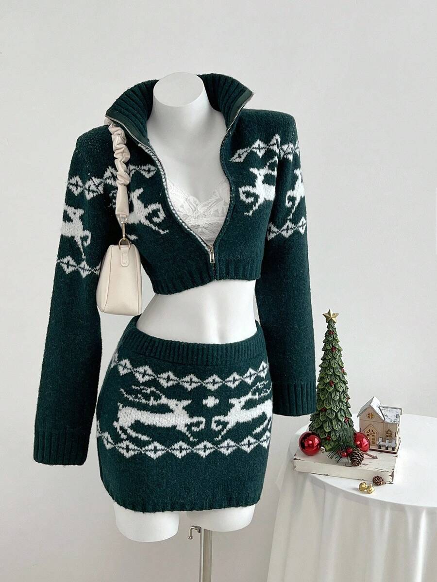 SHEIN Unity 2pcs Women Deer Pattern Knitted Sweater Set, Includes Zip-Up Cardigan And Elastic Skirt, Minimalist Style, Suitable For Autumn/Winter Christmas - Dark Green - View 1