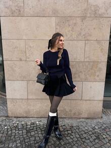 Pariaura Sweater Longgar Lengan Panjang Leher V dengan Pita untuk Wanita - Navy Blue - View 3