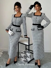 Elenzga Women's Elegant Autumn Long Sleeve Jacquard Black & White Decorative Pocket Plaid Textured Bodycon Maxi Dress, Versatile For Commute And Date