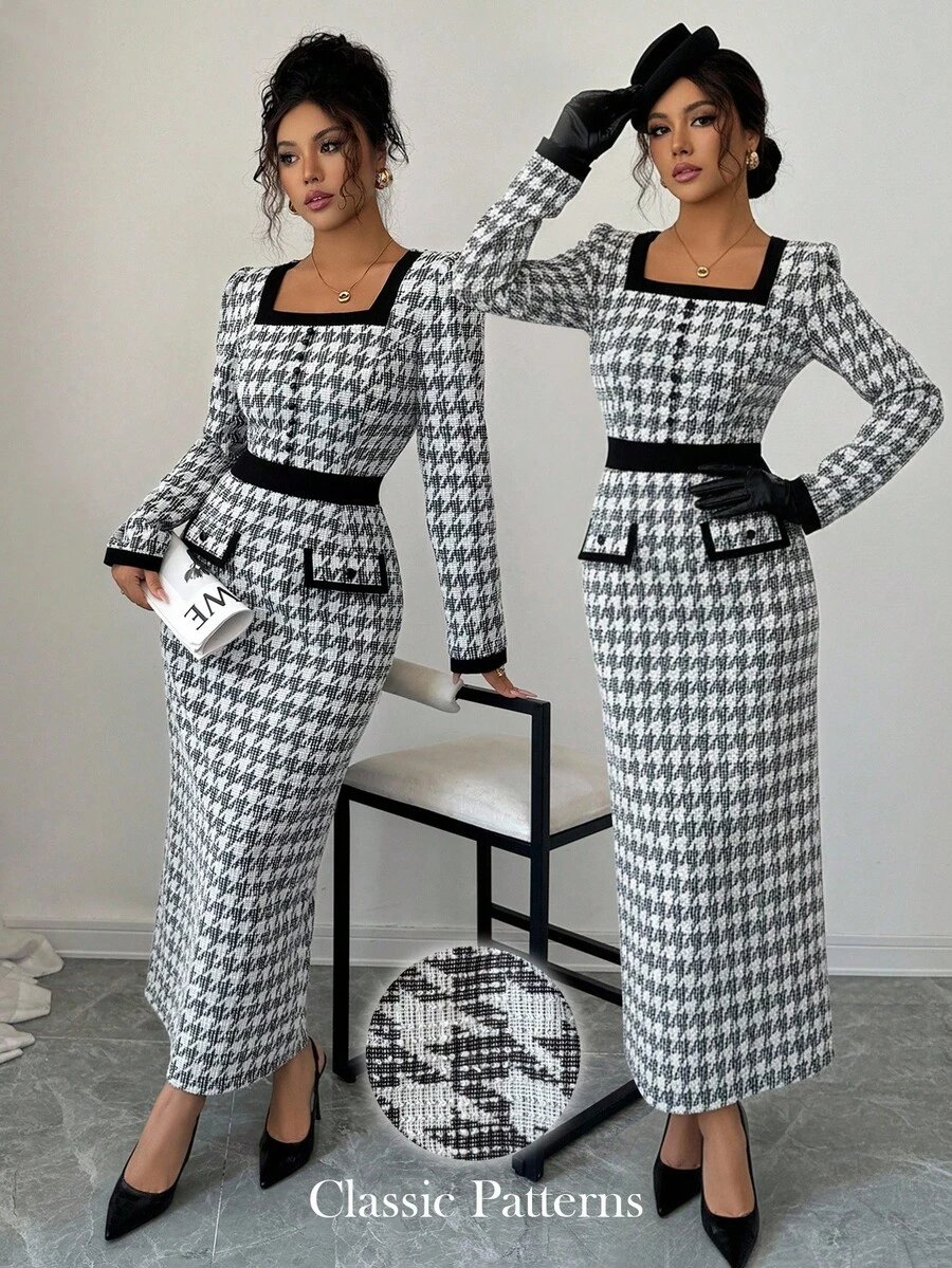 Elenzga Women's Elegant Autumn Long Sleeve Jacquard Black & White Decorative Pocket Plaid Textured Bodycon Maxi Dress, Versatile For Commute And Date