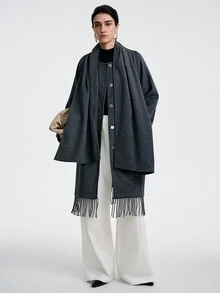 SHEIN LUNE 女士休闲纯色围巾，长款羊毛围巾，带口袋，适合通勤和外出，秋冬季 - 灰色 - 查看 4