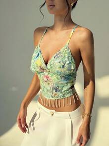 Aloruh Áo hai dây tua rua họa tiết hoa Y2K thời trang gợi cảm dành cho nữ - màu xanh lá - Xem 3