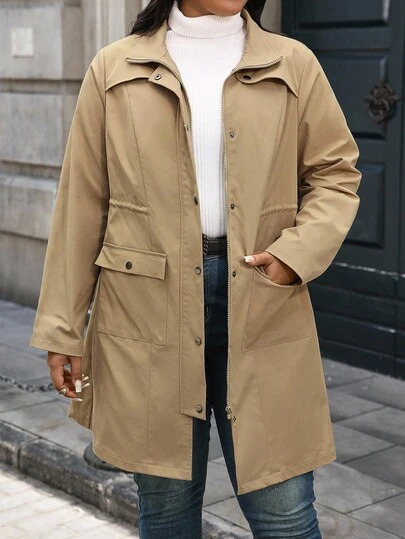 EMERY ROSE Plus Size Feminino Novo Vintage Multi-bolsos Gola Alta Solta Cintura Cintura Design Comprimento Médio Casual Corta-vento