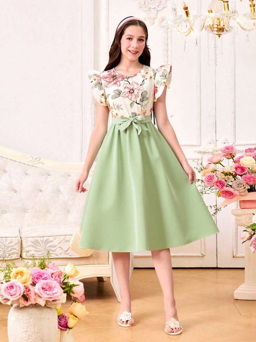 优雅花卉印花荷叶边袖短裙，蕾丝边收腰喇叭下摆连衣裙，适合少女 - 彩色 - 查看 1