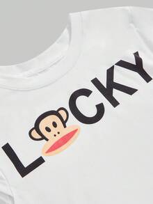 Paul Frank X ROMWE 大码夏季字母和猴子印花修身短款 T 恤 - 白色 - 查看 4