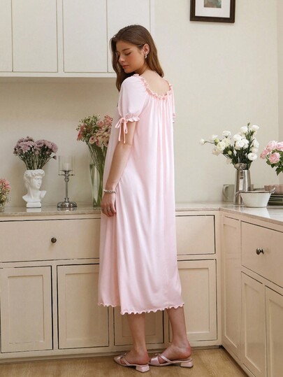 Snug Reverie Ruffled Square Neck Loose Long Night Gown Holiday Season, Moo view 2