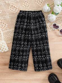 SHEIN 女婴可爱休闲针织黑色格子弹力腰裤 婴儿长裤 婴儿黑色裤子 婴儿格子裤 黑白格子裤 格子裤 秋冬亲子装（2件分开出售） - 黑色 - 查看 2