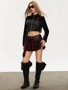 Rina Fox 2025 جاكيت نسائية موضة الرقعة المطرزة، طراز الشارع الجامعي - الأسود - مشاهدة 2