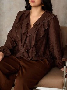 Roveilla Plus Size Women's French Romantic Sicily Elegant Casual Commute Vacation Afternoon Tea Party Solid Color V-Neck Double Ruffle Trim Open Front Long Sleeve Blouse Brown Blouses Coffee Brown Top Ruffle Blouse Chocolate Brown Top Brown Shirts For Women