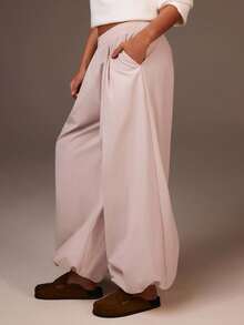 Athîral Women's Solid Color Elastic Waist Pleated Harem Pink Balloon Pants,New Year's Casual - Pink - View 7