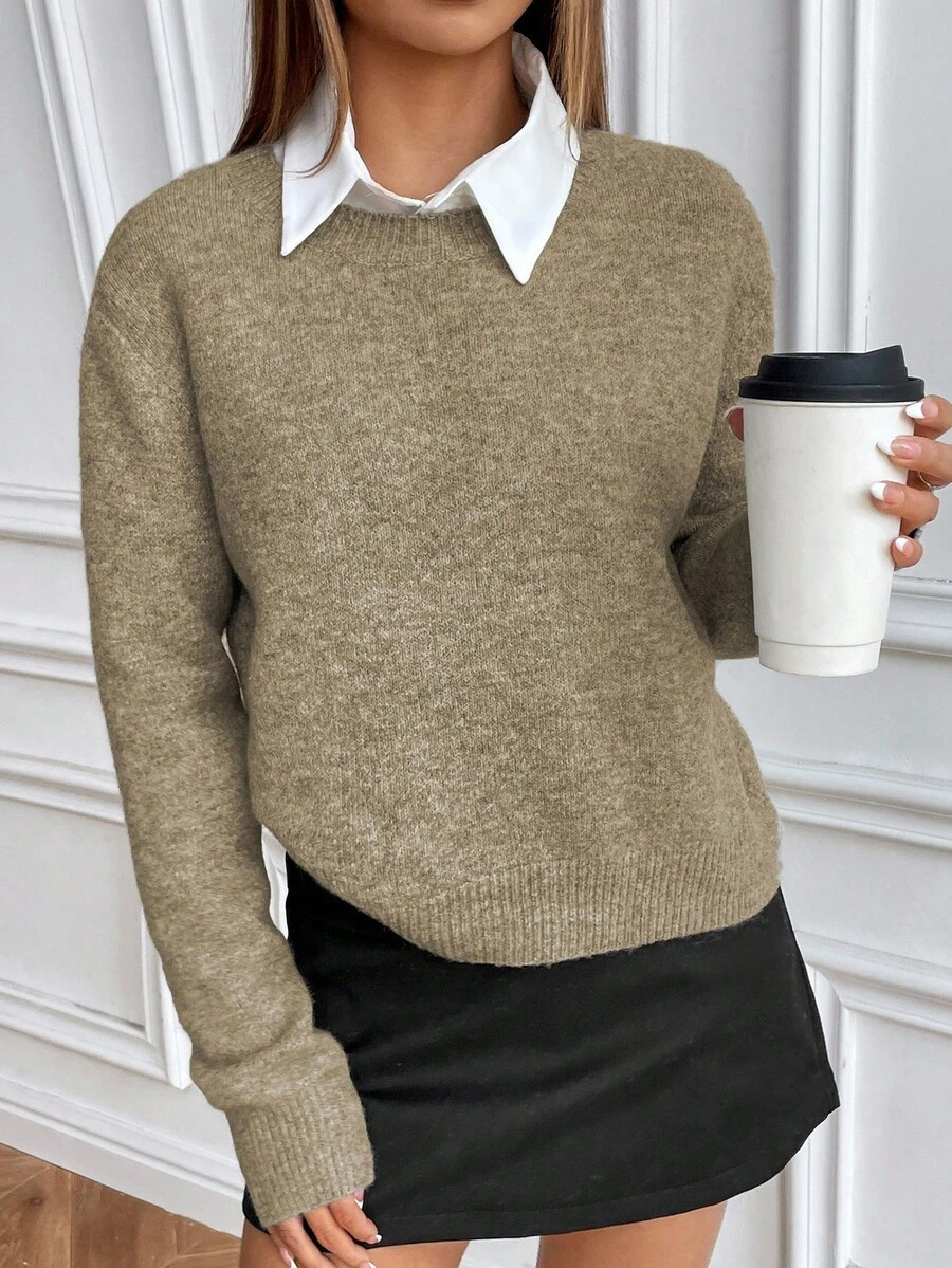 SHEIN 休闲风格纯色圆领针织长袖毛衣 - 卡其色 - 查看 1