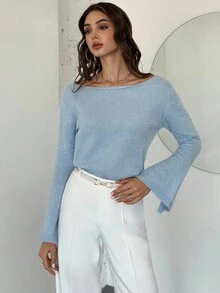Firerie Pulover tricotat elegant pentru femei, casual, versatil, pentru utilizare zilnică, urbană, cu guler rotund, mâneci lungi evazate, manșete cu crăpături, potrivit pentru toamnă/iarnă, pentru profesoare, stil confortabil de toamnă