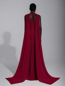 Elitara Elegant Cream Yellow Simple & Chic Chiffon Halter Neck (Detachable Sequins) Bust Ruched Sheer Fishtail Hem Dress, Suitable For Dates, Vacation, Weddings, Bridesmaid Events - Burgundy - View 2