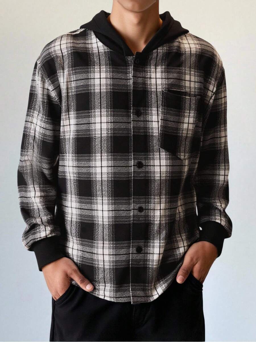 SHEIN Teenager Boys' Plaid Jacket Hoodie Shirt,Contrast Plaid Casual Basic Wear For Winter,Streetwear,Graduation,Back-To-School,Versatile All-Match Fall - Multicolor - View 1