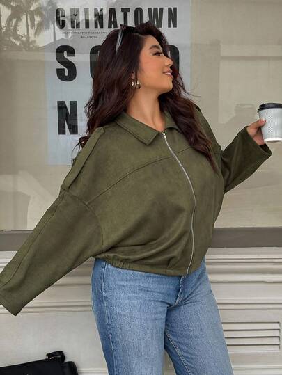 Easura Plus Size Casual Loose Solid Color Green Jacket, Spring/Autumn Fall Winter Cloth For Women