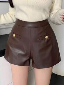 DAZY Celana Pendek Wanita PU Polos Elegan dengan Rivet dan Kantong Imitasi - Coffee Brown - View 7