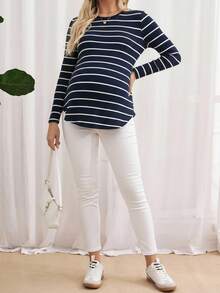 SHEIN Maternity Striped Button Back Butterfly Sleeve Curved Hem T-Shirt,Navy Blue Summer Smart Casual Everyday Pregnancy Shirts Long Sleeve Autumn Tops - Navy Blue - View 5