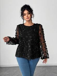 Elenzga Plus Size Women's Round Neck Elegant 3D Floral Embroidered Mesh Lantern Sleeve Blouse - Black - View 3