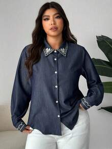 Dazy Plus Camisa Casual Azul de Manga Longa Solta com Colarinho Virado e Bordado Floral para Mulheres Plus Size, Primavera/Outono - Azul Marinho - Visão 6