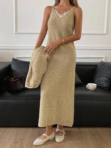 DAZY Conjunto de 2 piezas de vestido maxi elegante con cuello de encaje, suéter de manga larga con cuello en V de gasa con flores y ajuste ceñido para otoño/invierno - Amarillo - Ver 3
