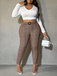 SHEIN SXY Quần âu ôm vừa vặn họa tiết răng sói màu nâu cỡ lớn dành cho nữ, mùa thu - màu nâu - Xem 4