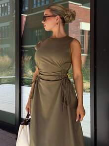 Bethéva Đen Ngày Đêm Bên Chữ Thập Frenulum Rắn Ruched Chi Tiết Áo Dài - xanh quân đội - Xem 4